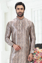 Raivat Ethnic Banarasi Silk Pintux Work Kurta Pajama In Cream Grey Colour