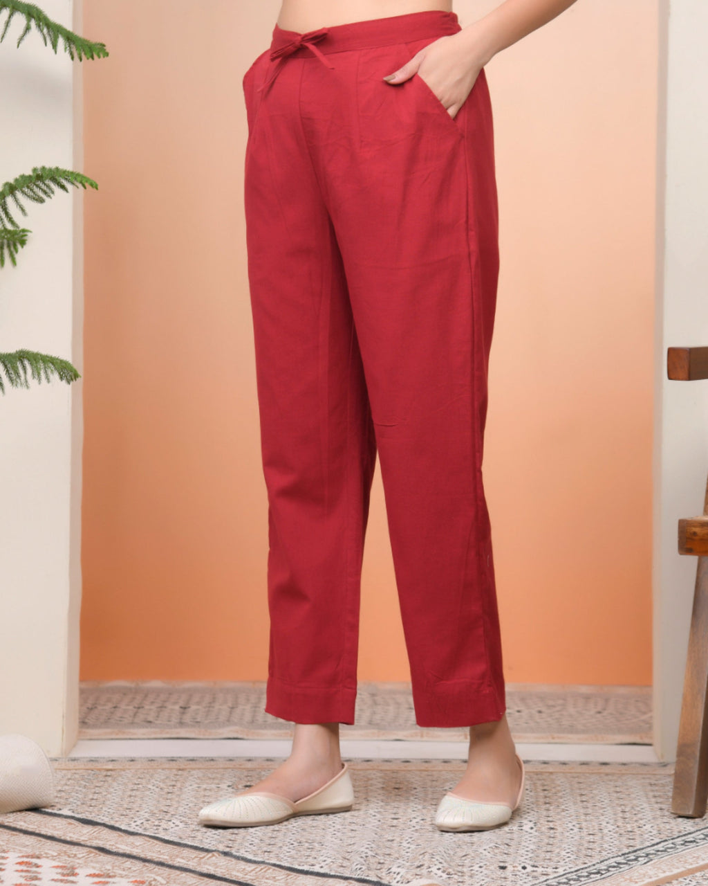Vaasva Women Maroon Cotton Flax Solid Straight Pants