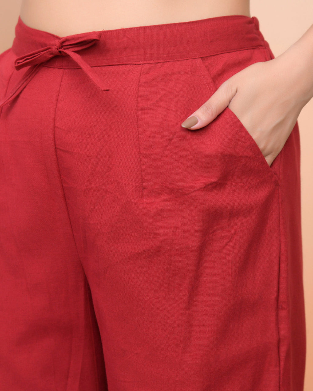 Vaasva Women Maroon Cotton Flax Solid Straight Pants