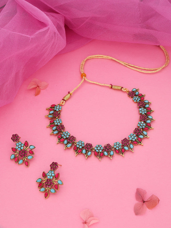 Tehzeeb Creations Pink & Sky Blue Colour Gold Pleated Stone Studded Necklace With Earrings