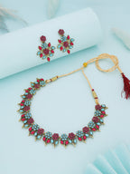 Tehzeeb Creations Pink & Sky Blue Colour Gold Pleated Stone Studded Necklace With Earrings