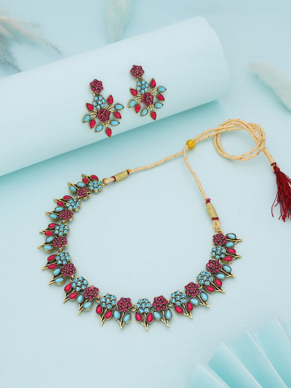 Tehzeeb Creations Pink & Sky Blue Colour Gold Pleated Stone Studded Necklace With Earrings