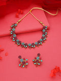 Tehzeeb Creations Pink & Sky Blue Colour Gold Pleated Stone Studded Necklace With Earrings