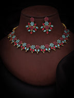 Tehzeeb Creations Pink & Sky Blue Colour Gold Pleated Stone Studded Necklace With Earrings