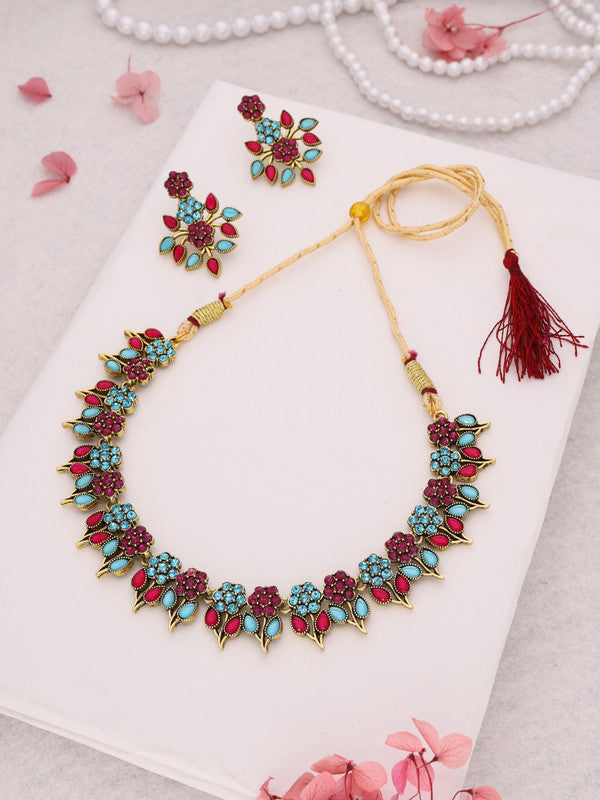 Tehzeeb Creations Pink & Sky Blue Colour Gold Pleated Stone Studded Necklace With Earrings
