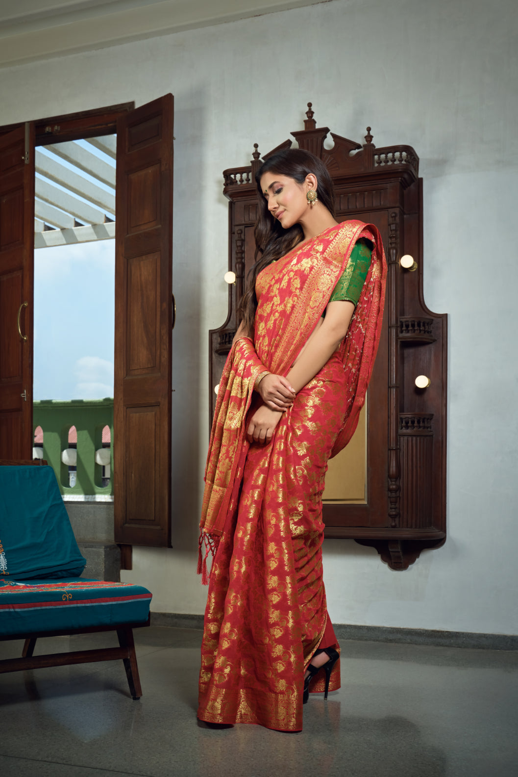 Vardha Rose Red Golden Zari Banarasi Chiffon Saree