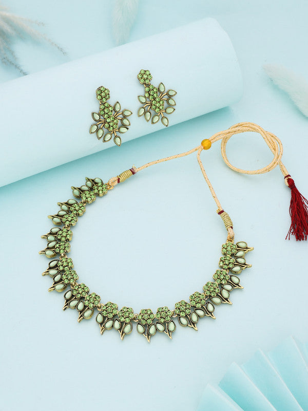 Tehzeeb Creations Sea Green Colour Gold Pleated Stone Studded Necklace With Earrings