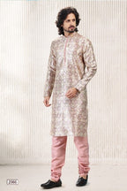 Raivat Ethnic Jacquard Banarasi Silk Digital Print Kurta Pajama In Cream Peach Colour - Distacart