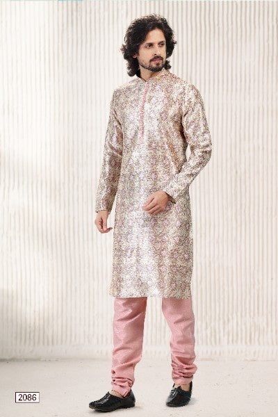 Raivat Ethnic Jacquard Banarasi Silk Digital Print Kurta Pajama In Cream Peach Colour - Distacart