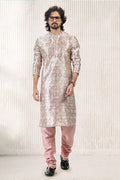 Raivat Ethnic Jacquard Banarasi Silk Digital Print Kurta Pajama In Cream Peach Colour - Distacart