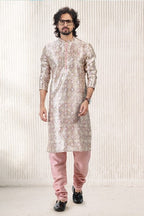 Raivat Ethnic Jacquard Banarasi Silk Digital Print Kurta Pajama In Cream Peach Colour - Distacart