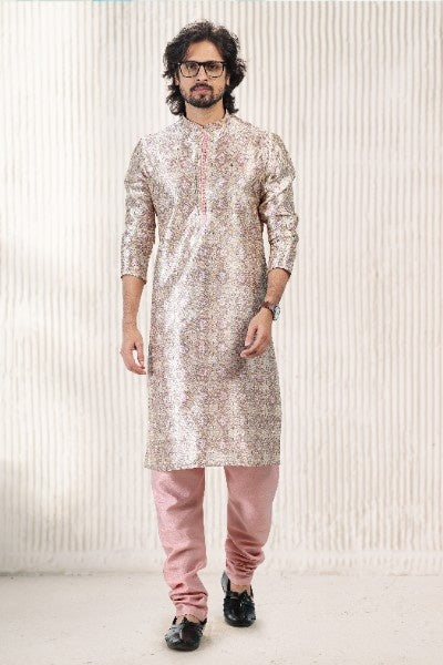 Raivat Ethnic Jacquard Banarasi Silk Digital Print Kurta Pajama In Cream Peach Colour - Distacart