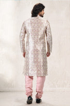 Raivat Ethnic Jacquard Banarasi Silk Digital Print Kurta Pajama In Cream Peach Colour - Distacart