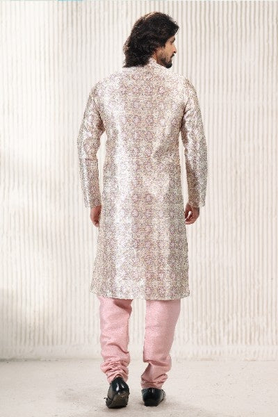 Raivat Ethnic Jacquard Banarasi Silk Digital Print Kurta Pajama In Cream Peach Colour - Distacart