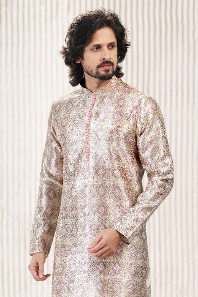Raivat Ethnic Jacquard Banarasi Silk Digital Print Kurta Pajama In Cream Peach Colour - Distacart