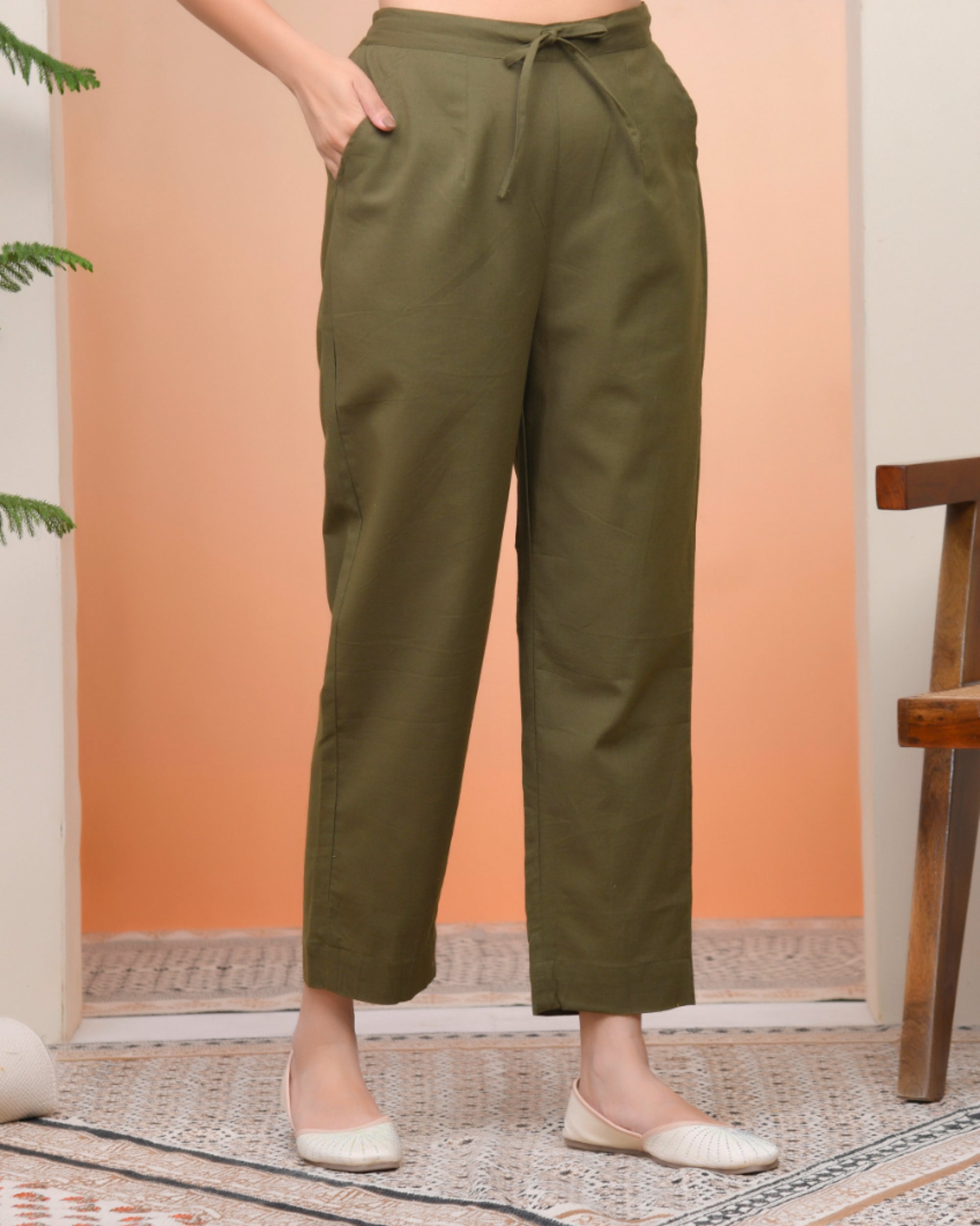Vaasva Women Olive Green Cotton Flax Solid Straight Pants