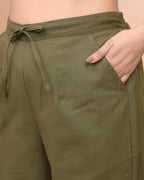Vaasva Women Olive Green Cotton Flax Solid Straight Pants