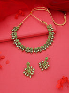 Tehzeeb Creations Sea Green Colour Gold Pleated Stone Studded Necklace With Earrings