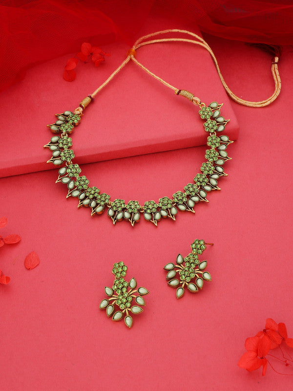 Tehzeeb Creations Sea Green Colour Gold Pleated Stone Studded Necklace With Earrings