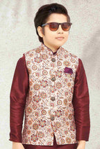 Raivat Ethnic Banarasi Silk Digital Printed Kurta Pajama With Jacket In Cream Colour - Distacart