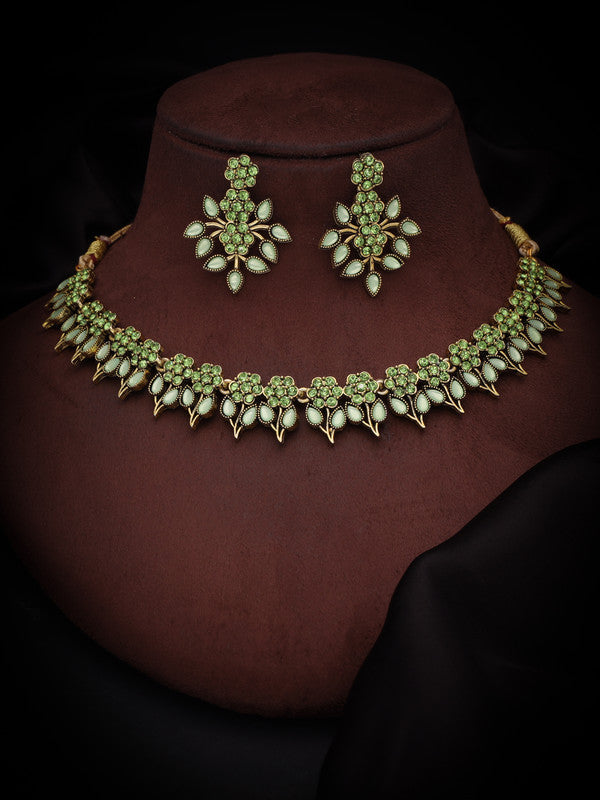 Tehzeeb Creations Sea Green Colour Gold Pleated Stone Studded Necklace With Earrings