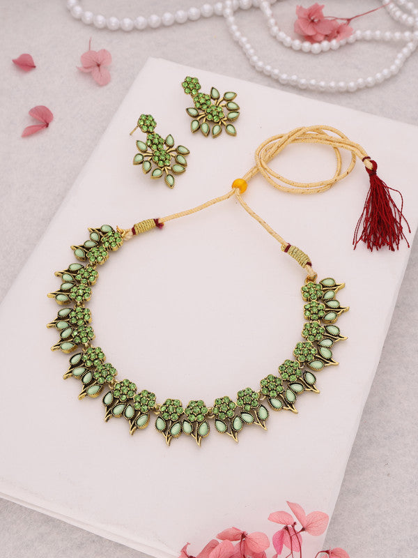 Tehzeeb Creations Sea Green Colour Gold Pleated Stone Studded Necklace With Earrings