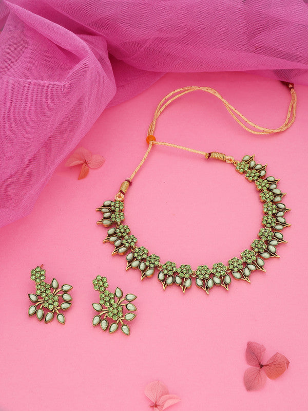 Tehzeeb Creations Sea Green Colour Gold Pleated Stone Studded Necklace With Earrings