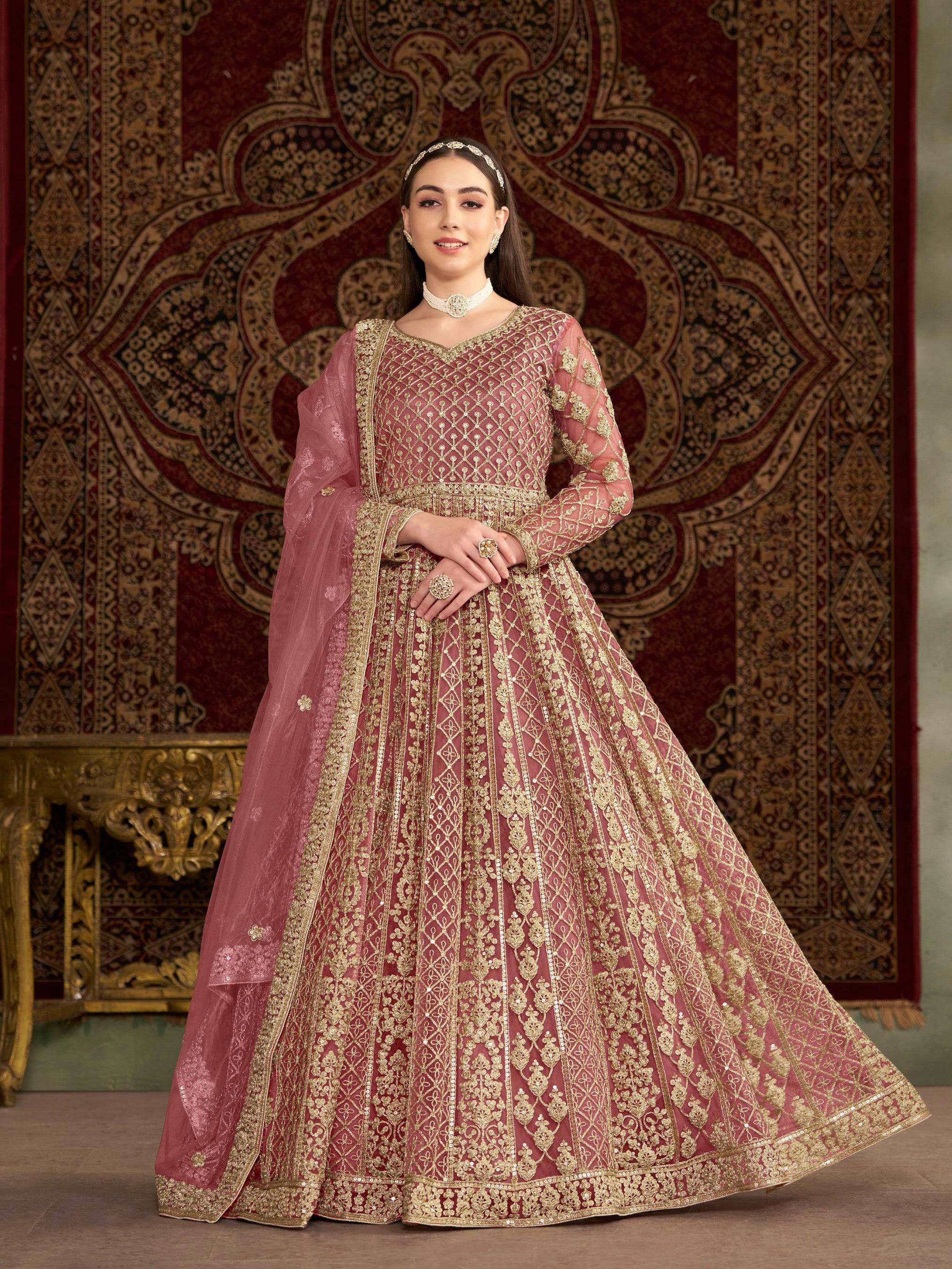 Anaita Peach Embroidered Net Anarkali Suit - Distacart