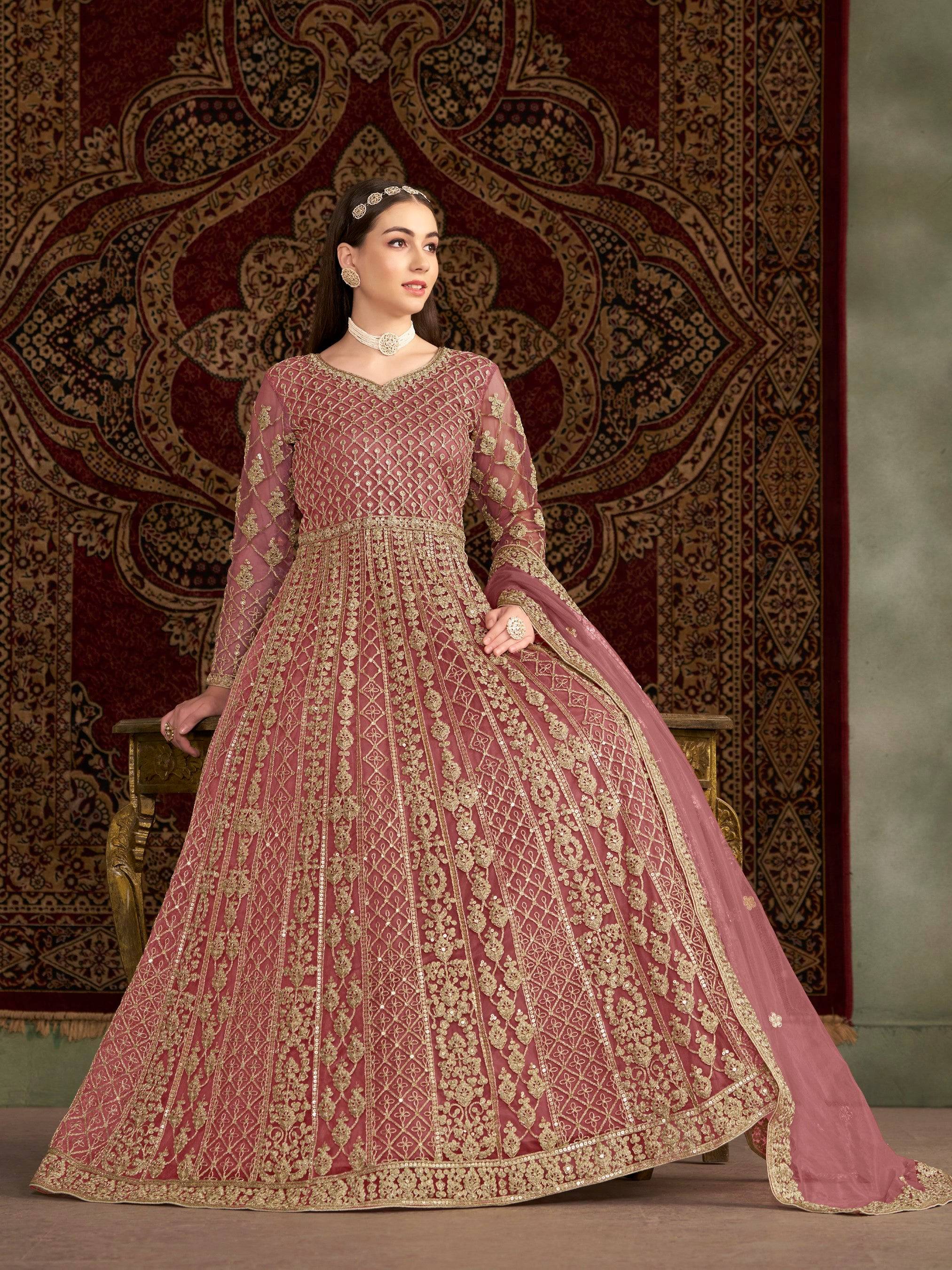 Anaita Peach Embroidered Net Anarkali Suit - Distacart