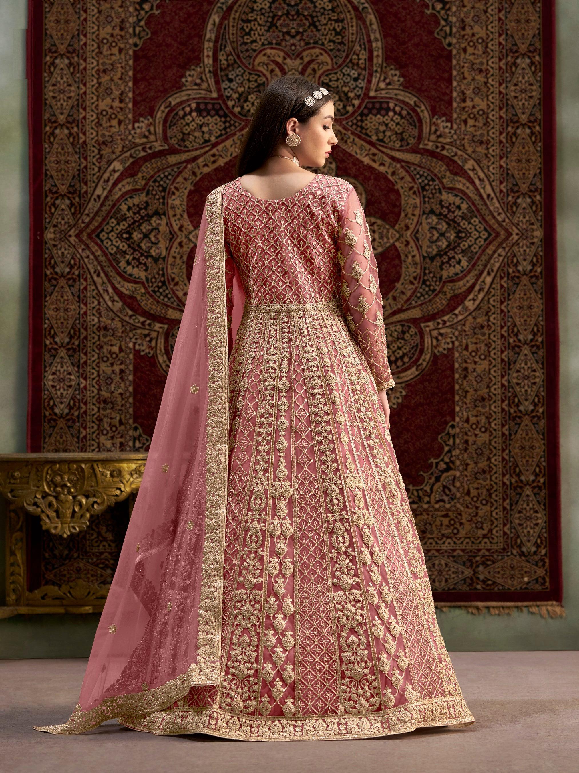 Anaita Peach Embroidered Net Anarkali Suit - Distacart