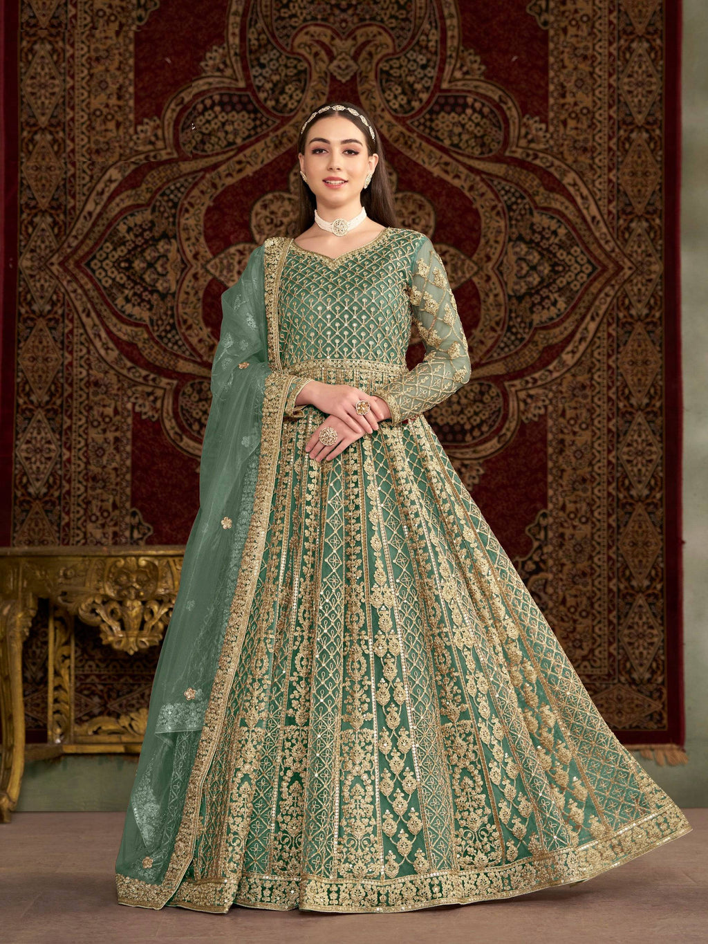Anaita Green Embroidered Net Anarkali Suit - Distacart