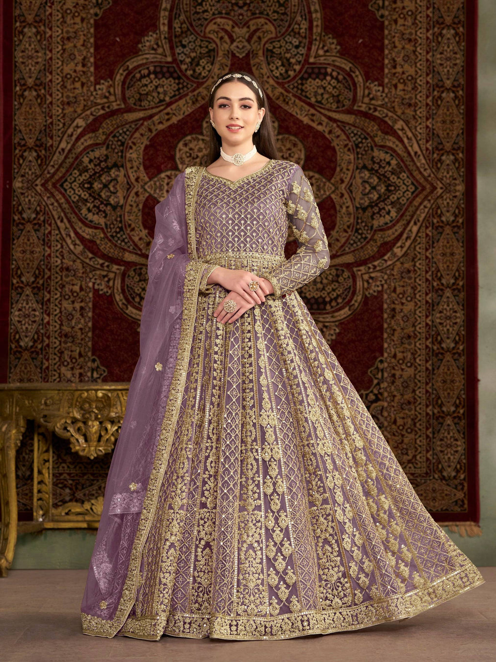 Anaita Purple Embroidered Net Anarkali Suit - Distacart