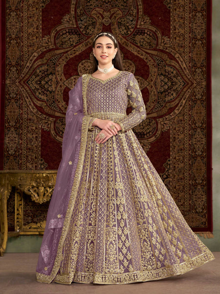 Anaita Purple Embroidered Net Anarkali Suit
