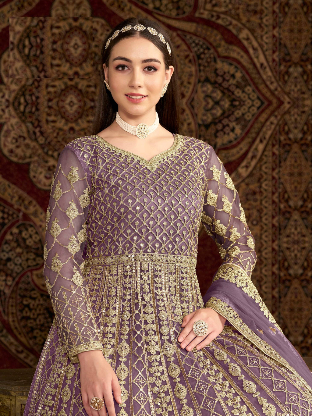 Anaita Purple Embroidered Net Anarkali Suit - Distacart