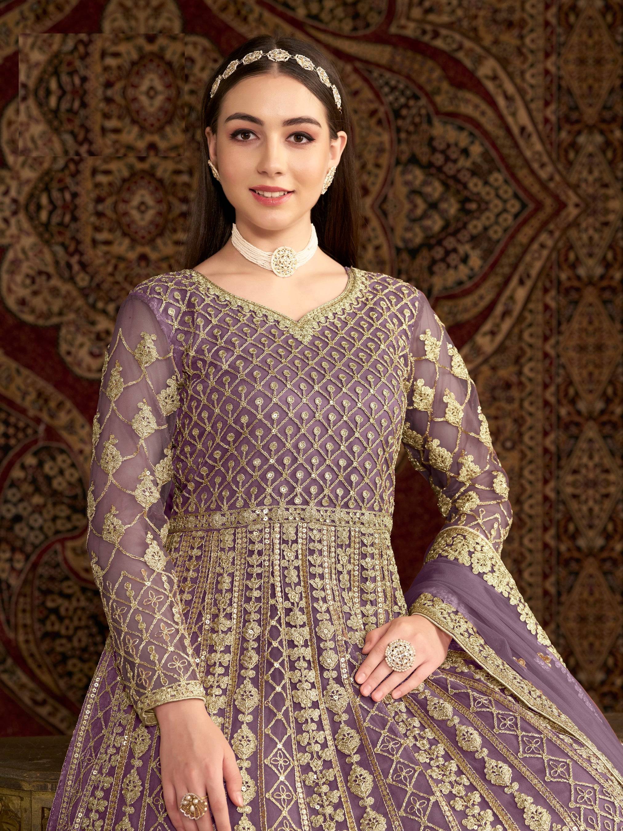 Anaita Purple Embroidered Net Anarkali Suit - Distacart