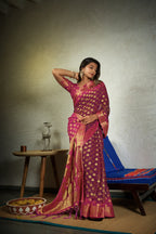 Vardha Magenta Pink Golden Zari Banarasi Chiffon Saree