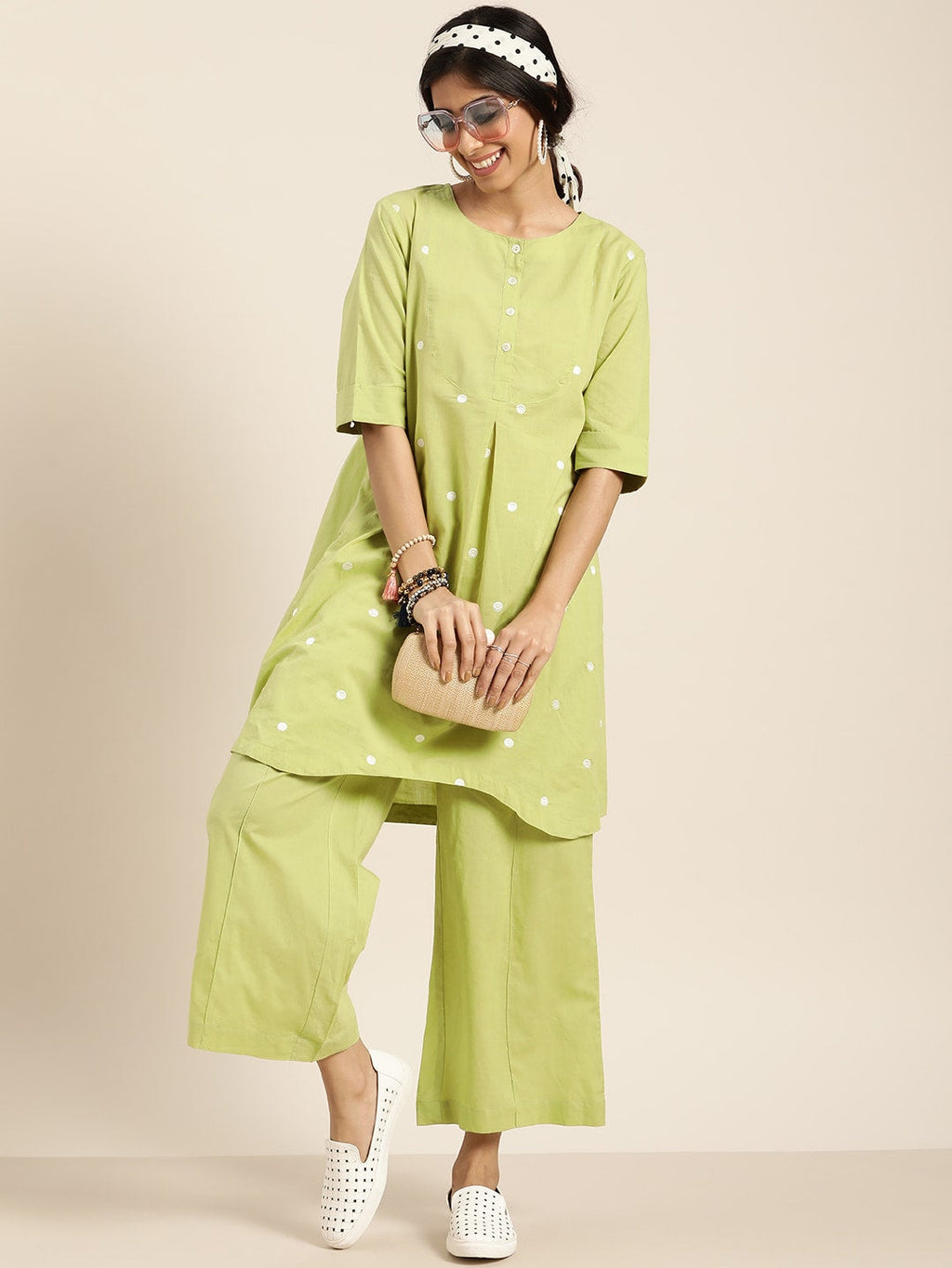 Sangria Women Green & White Embroidered Pure Cotton Asymmetric Kurta with Palazzos