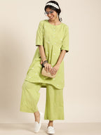 Sangria Women Green & White Embroidered Pure Cotton Asymmetric Kurta with Palazzos