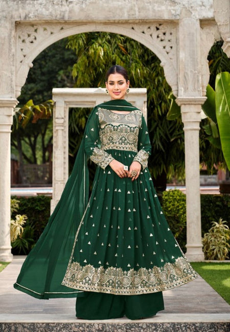 Anaita D Green Faux Georgette Plazzo Suit With Embroidery & Sequins Work