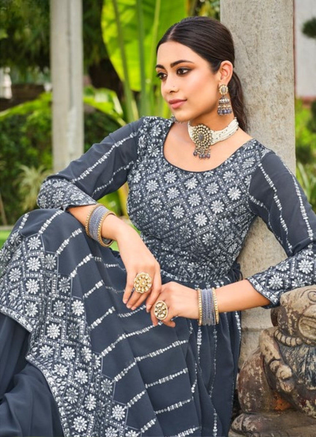 Anaita Grey Faux Georgette Plazzo Suit With Embroidery & Sequins Work