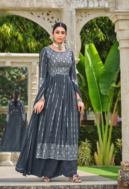 Anaita Grey Faux Georgette Plazzo Suit With Embroidery & Sequins Work