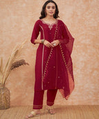 Sangria Maroon Floral Embroidered Straight Kurta With Trousers & Dupatta