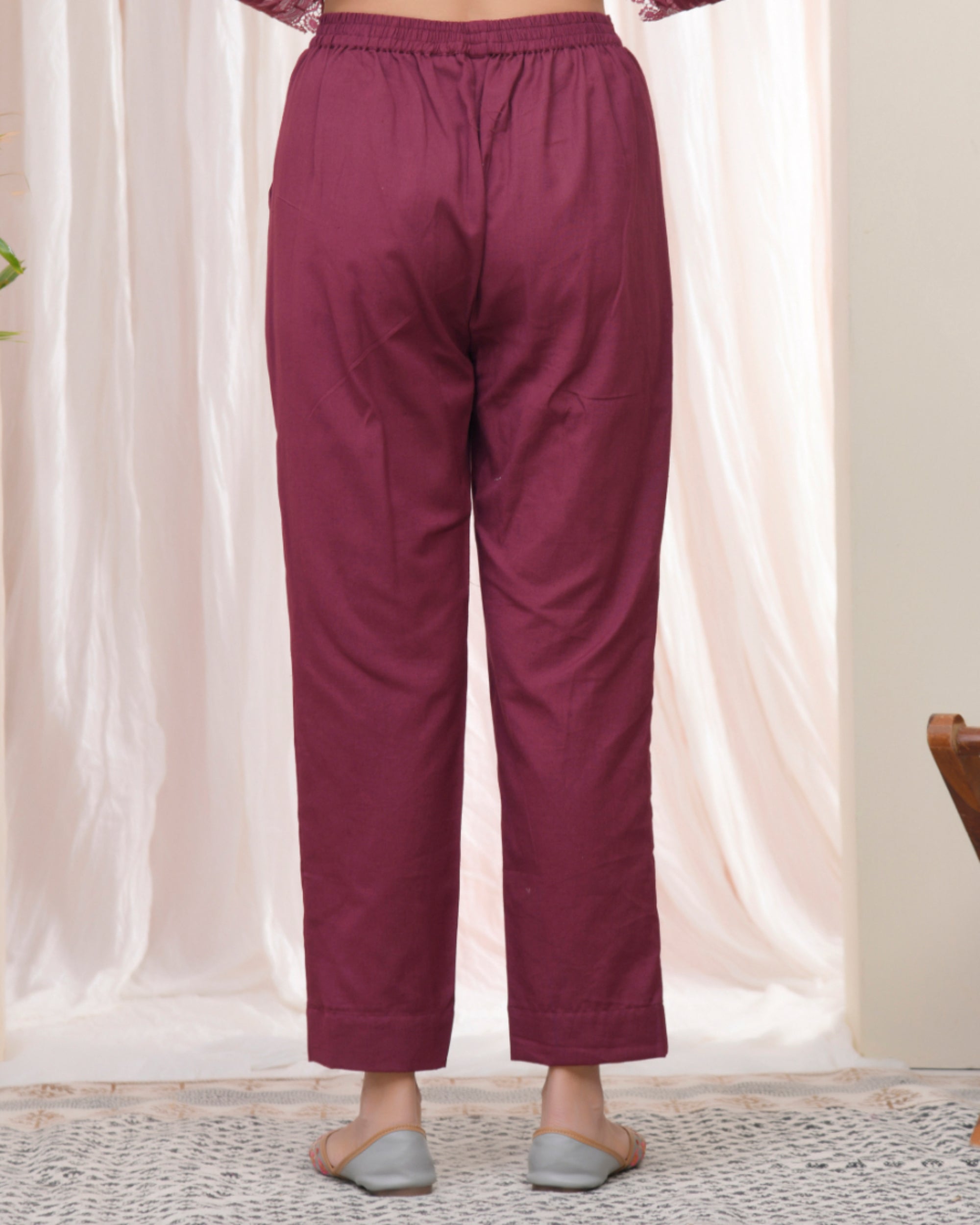 Vaasva Women Magenta Cotton Flax Solid Straight Pants