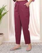 Vaasva Women Magenta Cotton Flax Solid Straight Pants