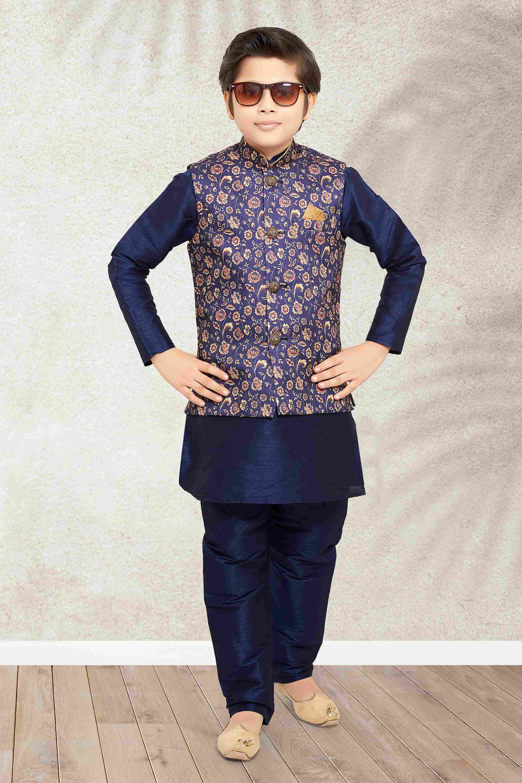 Raivat Ethnic Banarasi Silk Digital Printed Kurta Pajama With Jacket In Blue Colour - Distacart