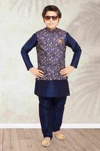 Raivat Ethnic Banarasi Silk Digital Printed Kurta Pajama With Jacket In Blue Colour - Distacart