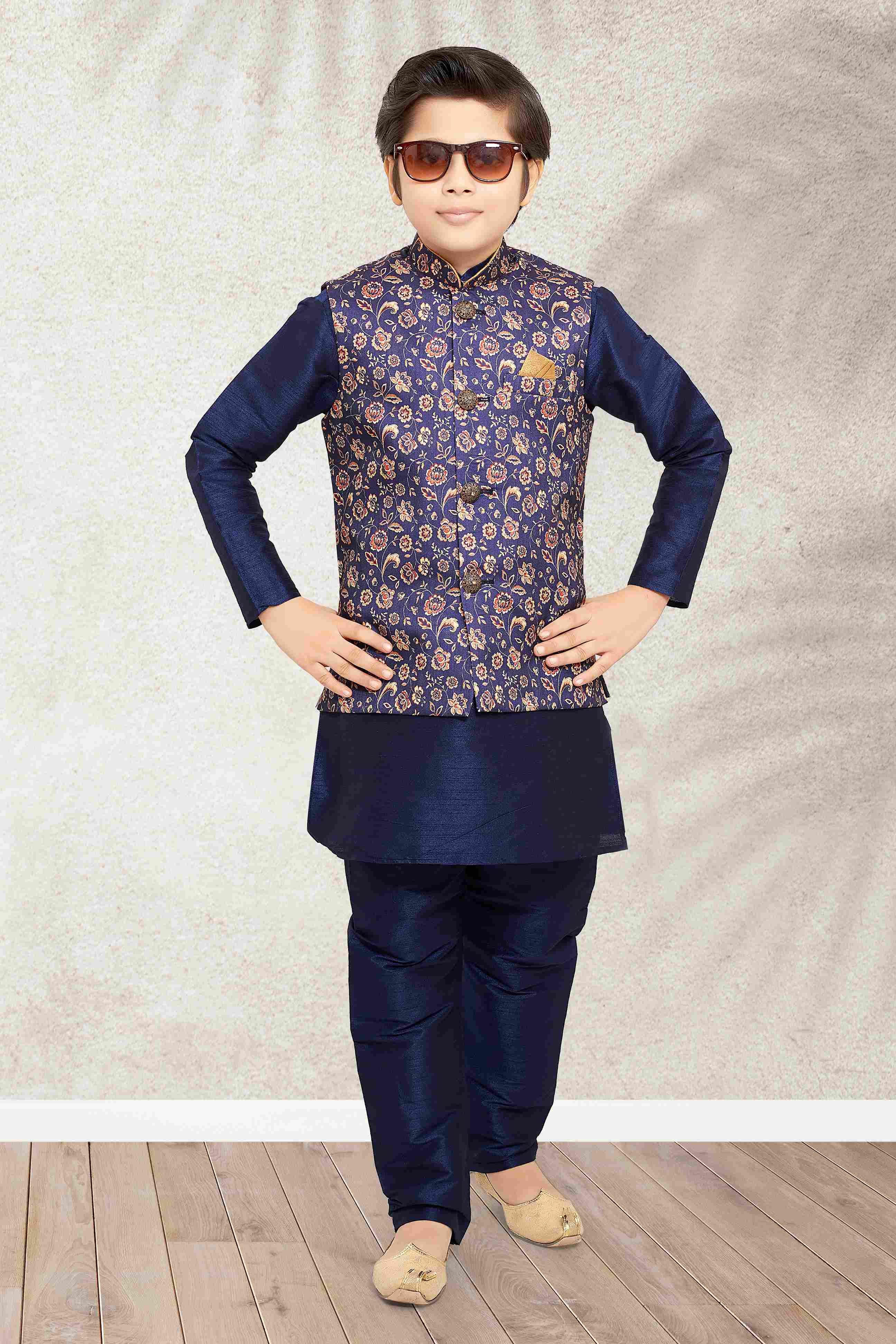 Raivat Ethnic Banarasi Silk Digital Printed Kurta Pajama With Jacket In Blue Colour - Distacart