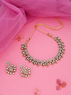 Tehzeeb Creations White Colour Gold Pleated Stone Studded Necklace With Earrings