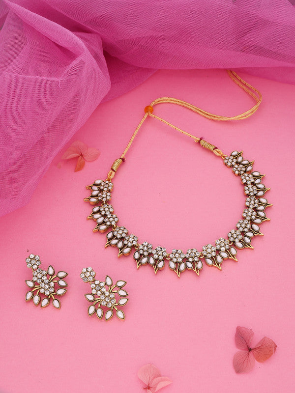 Tehzeeb Creations White Colour Gold Pleated Stone Studded Necklace With Earrings