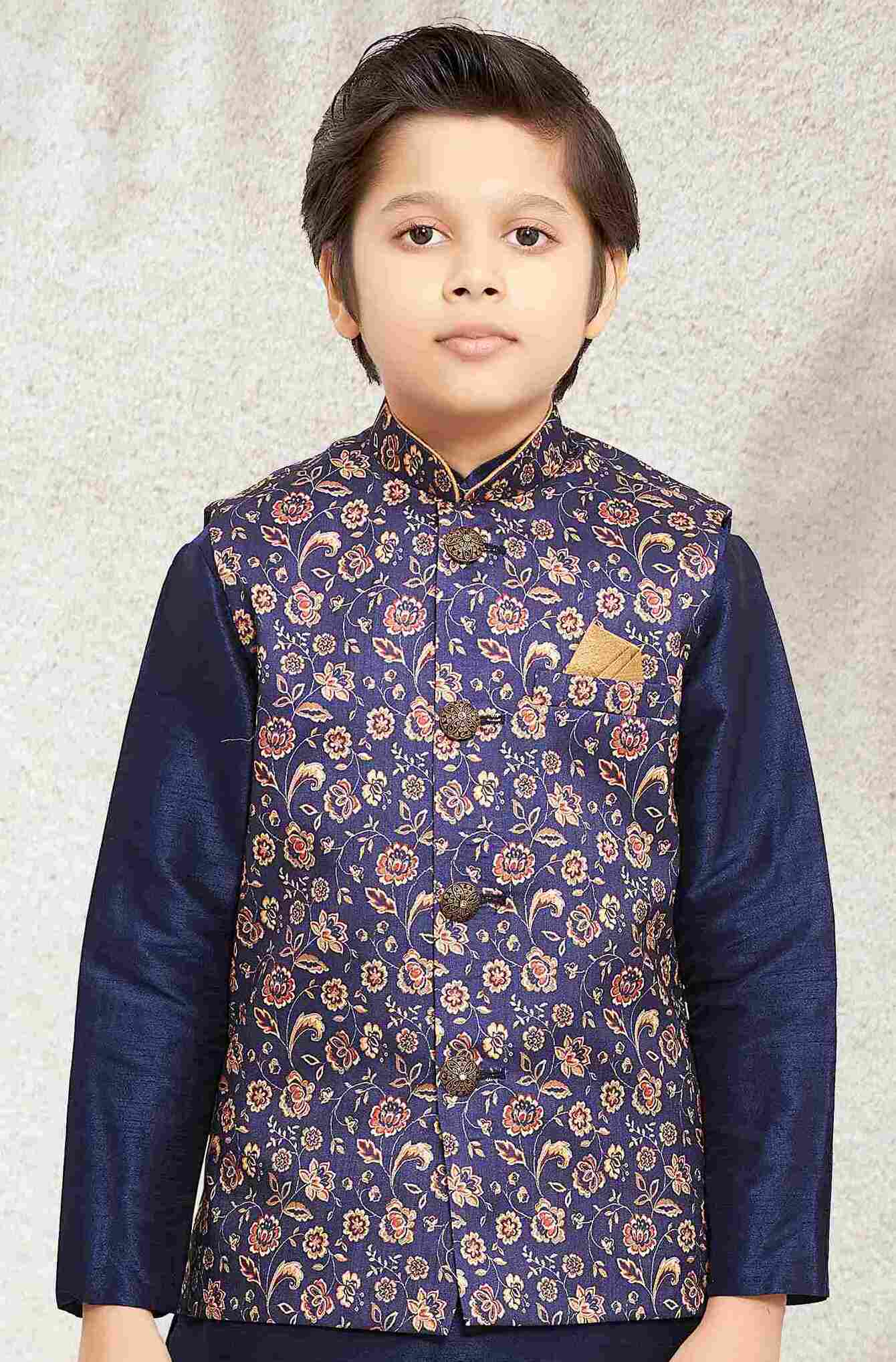 Raivat Ethnic Banarasi Silk Digital Printed Kurta Pajama With Jacket In Blue Colour - Distacart